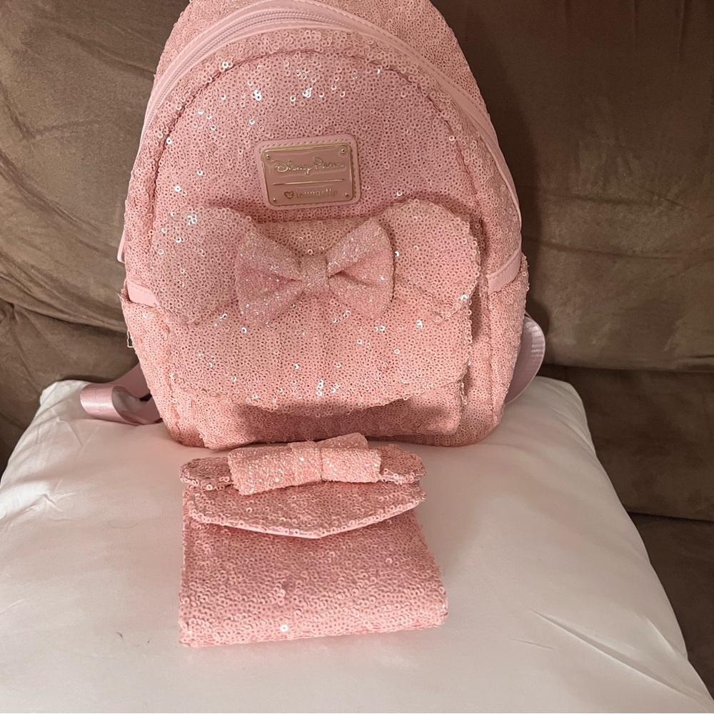 Disney Loungefly Pink Sequin Backpack and wallet set